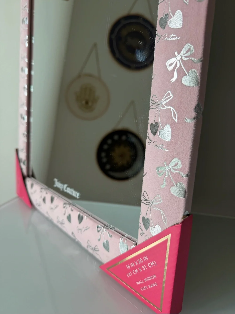 Juicy Couture Pink silver Cherry heart bow velvet framed wall Mirror